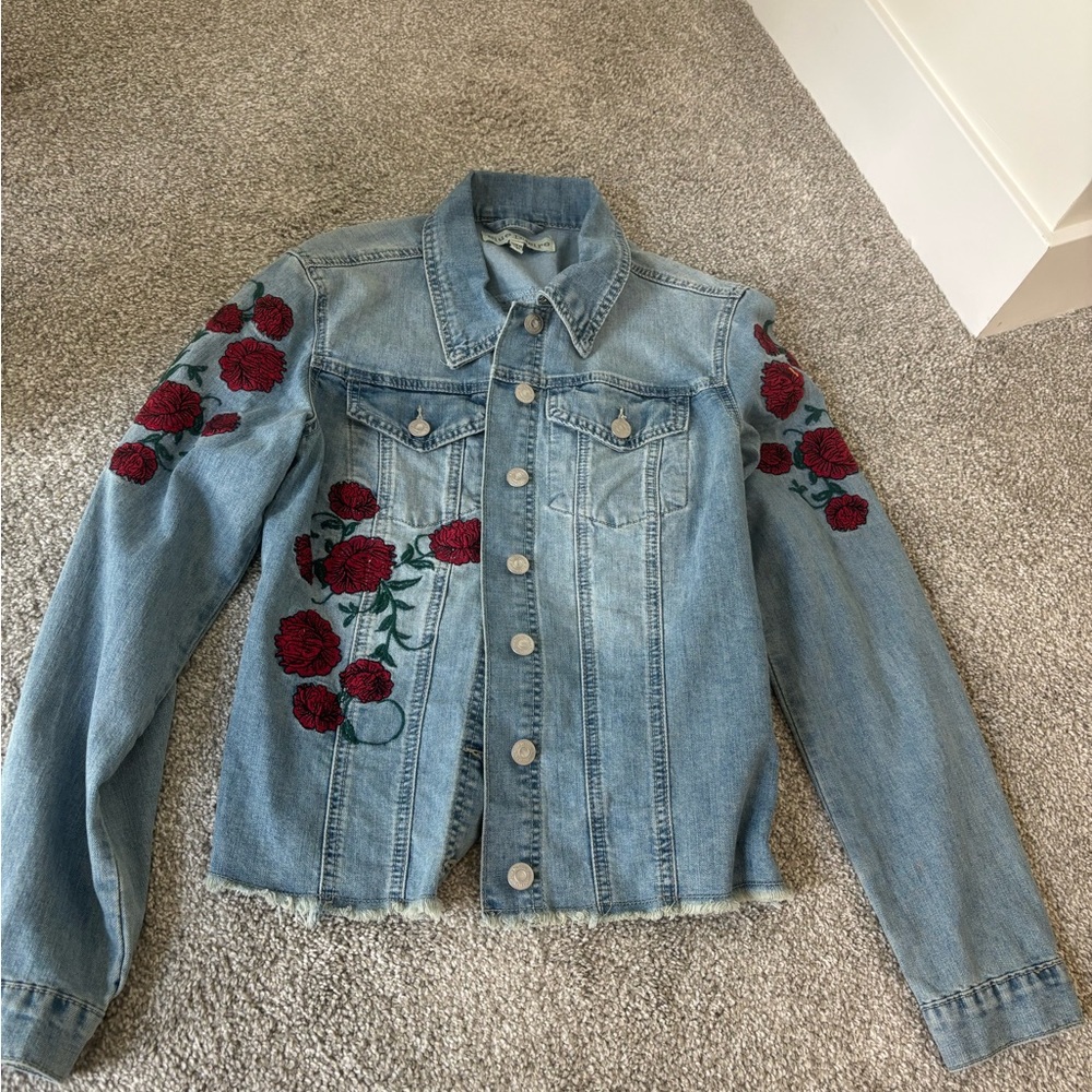 Blue and Red Jean Jacket with Floral Embroidery